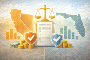 Illustration comparing insurance coverage laws across multiple U.S. states.