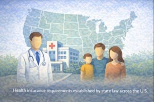 Illustration representing health insurance requirements under different state laws.