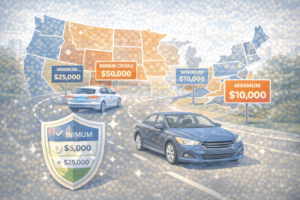 Illustration showing auto insurance coverage requirements varying by state.