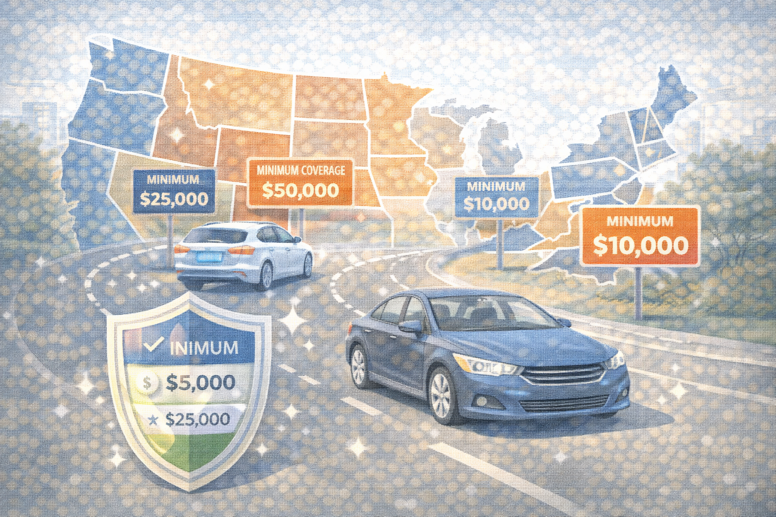 Illustration showing auto insurance coverage requirements varying by state.
